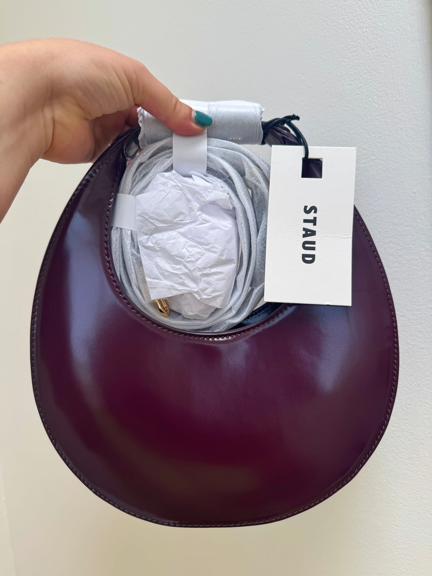 Staud Mini Moon Purse in Syrah Burgundy Leather, Crossbody Bag