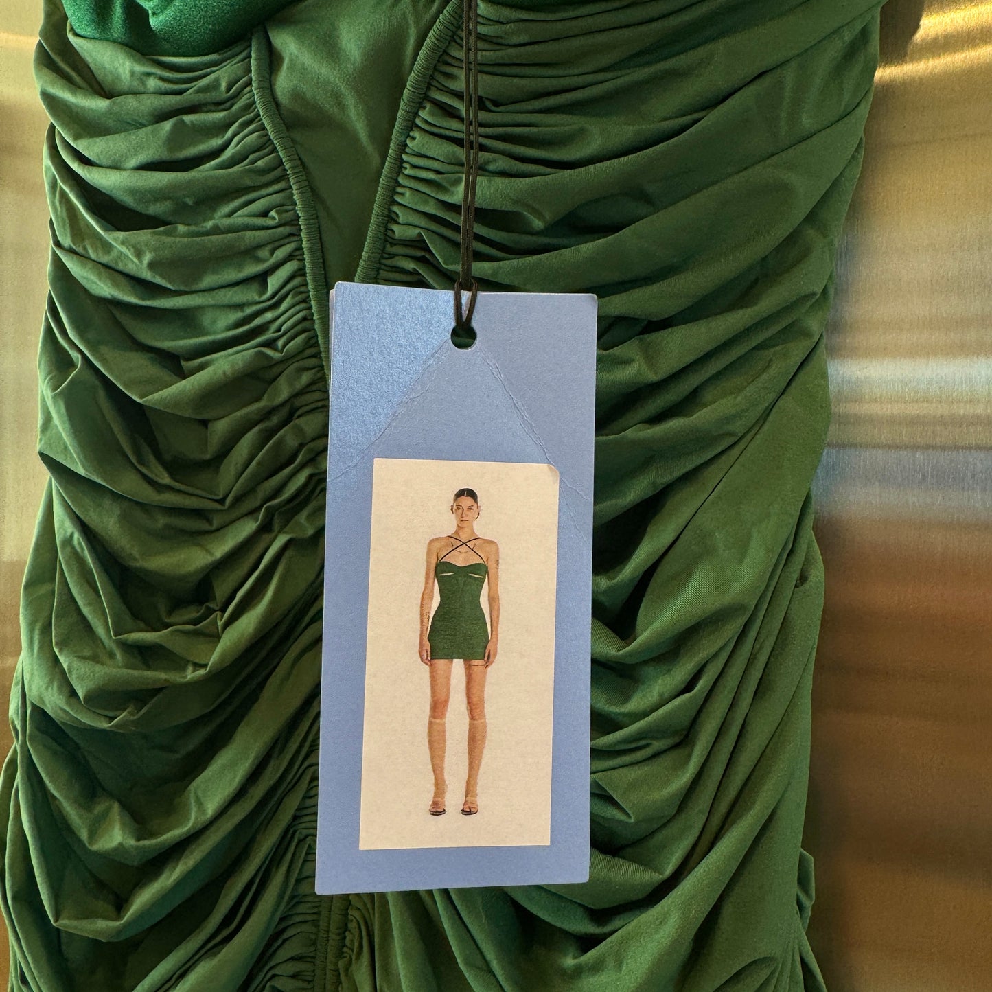 Mugler Mini Dress in Emerald British Green Ruched Knit Stretch