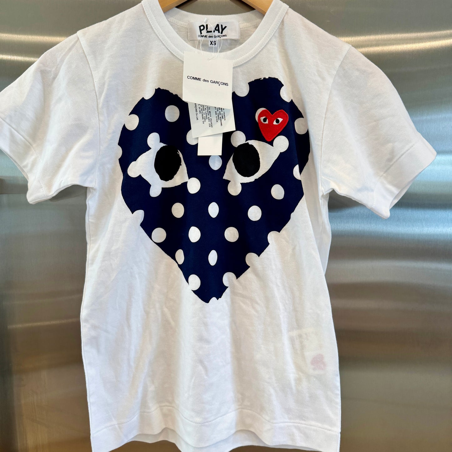 Commes Des Garçons Play White Polka Dot Classic Heart T Shirt Navy tee CDG