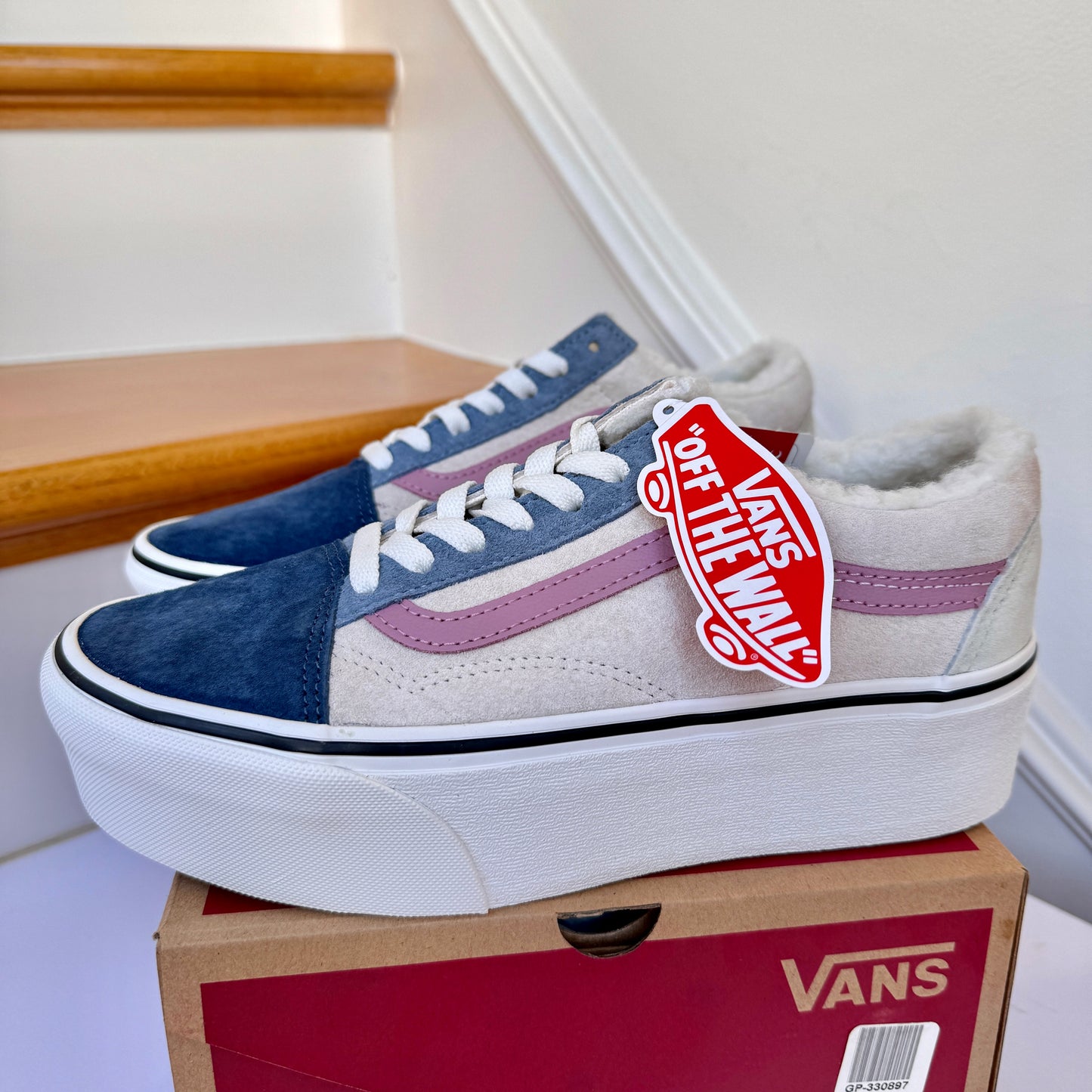 Vans Old Skool Stackform Platform Pig Suede Sherpa Pink Blue Multi Sneakers