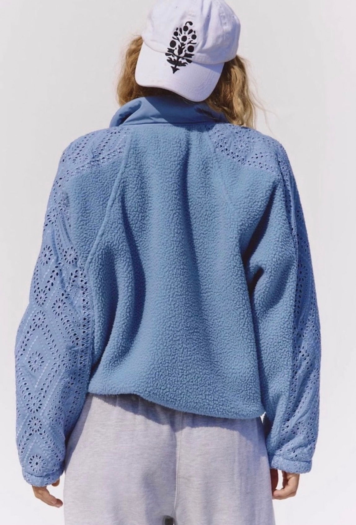 Free People Hit The Slopes Eyelet Fleece Jacket - Denim Rinse Blue