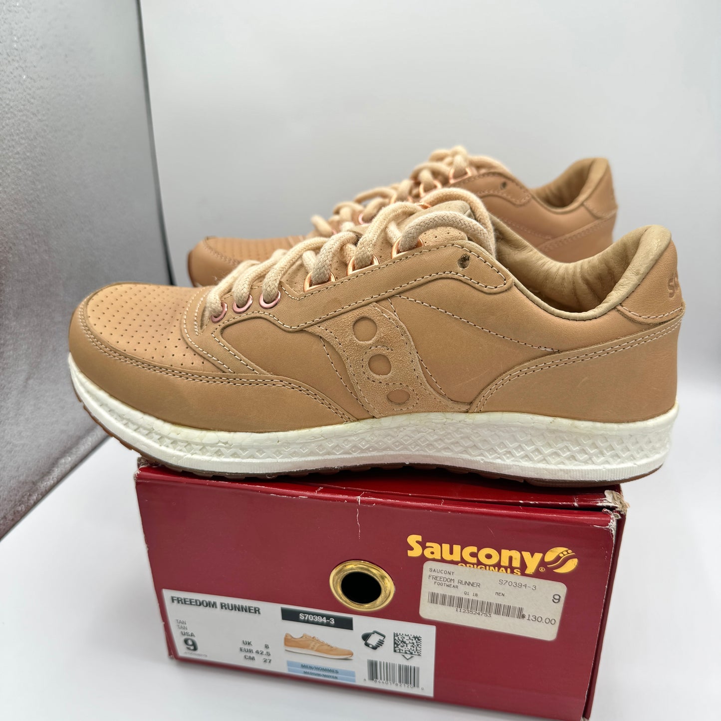 Saucony Originals Freedom Runner Deluxe Tan ALL Leather Mens Brown Sneakers