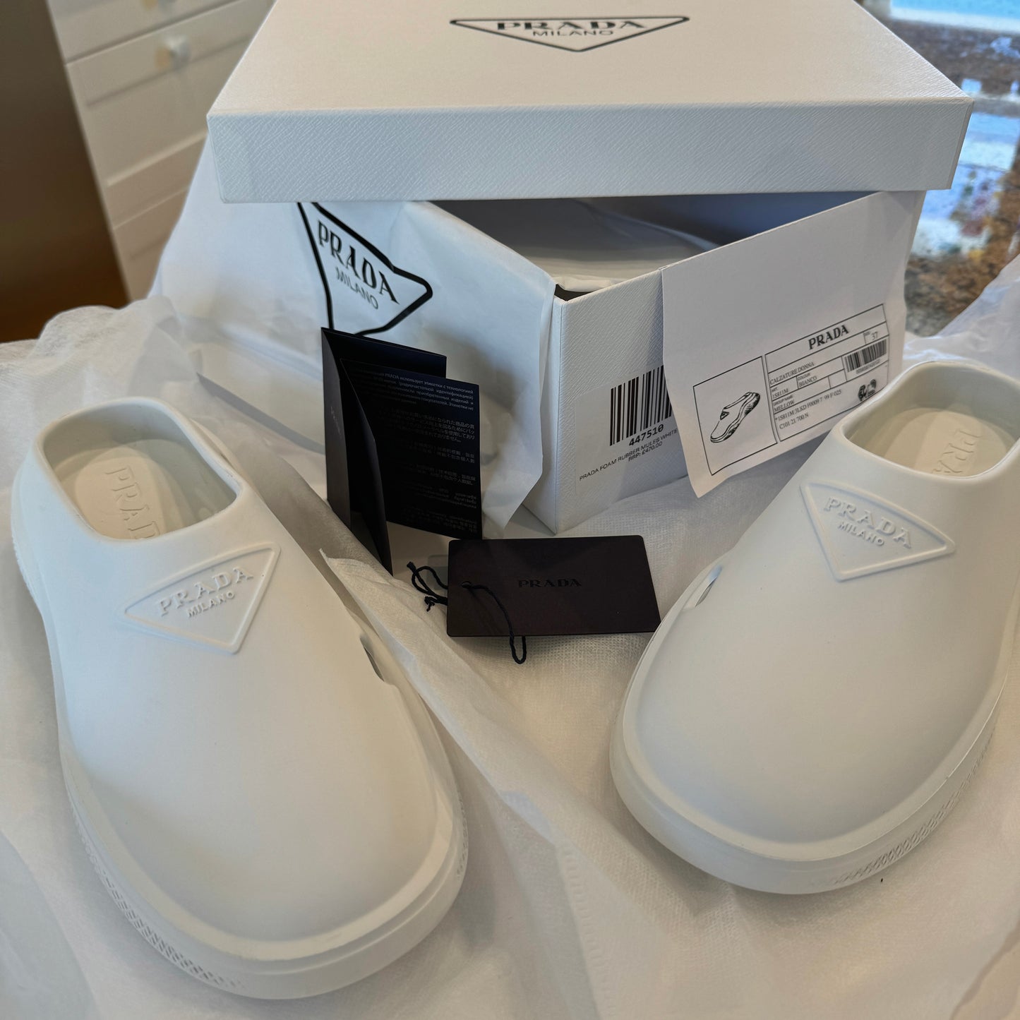 Prada Mellow Cut Out Slides Mules Womens Logo in White