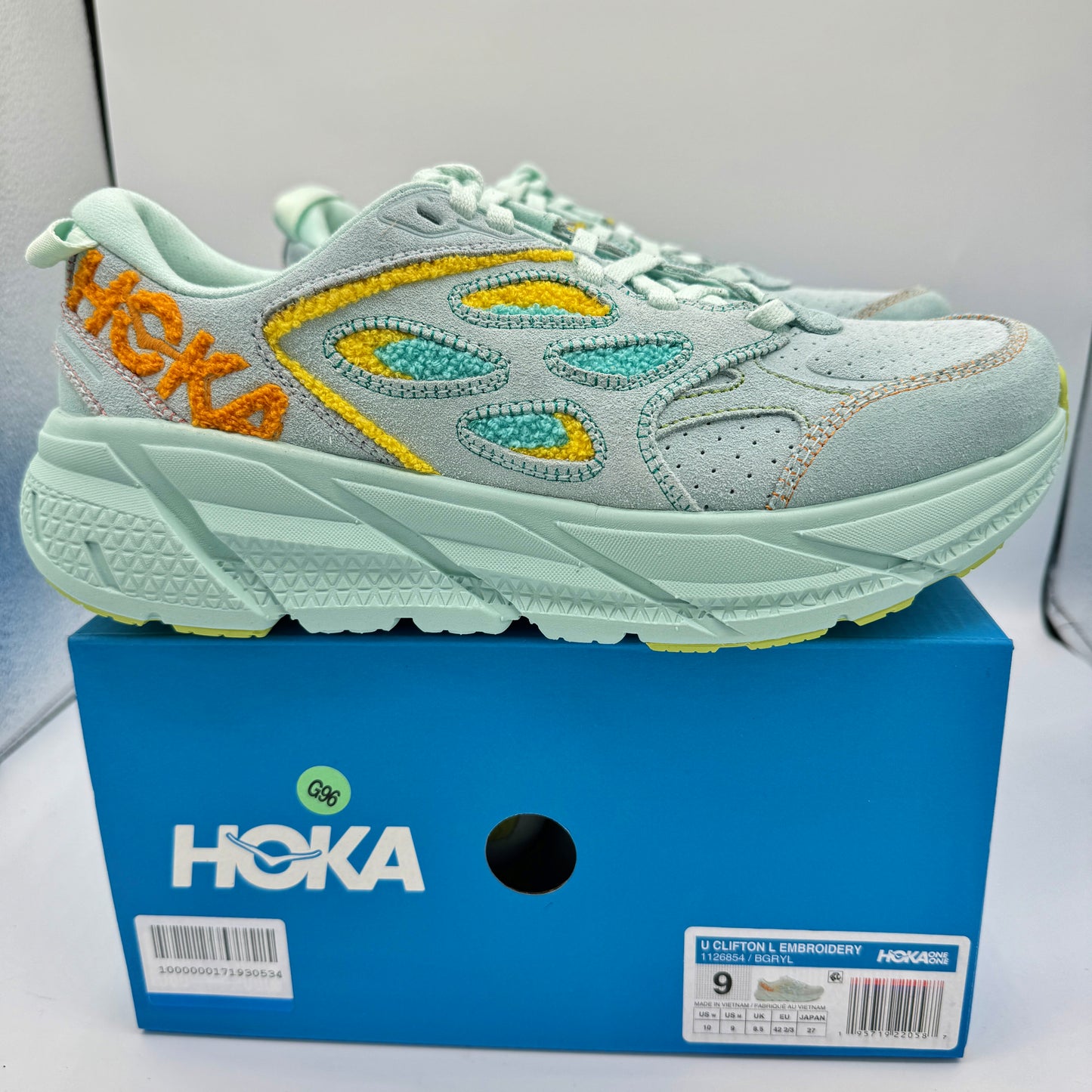 Hoka Clifton L Embroidery UNISEX Shoes Leather blue glass yellow aqua