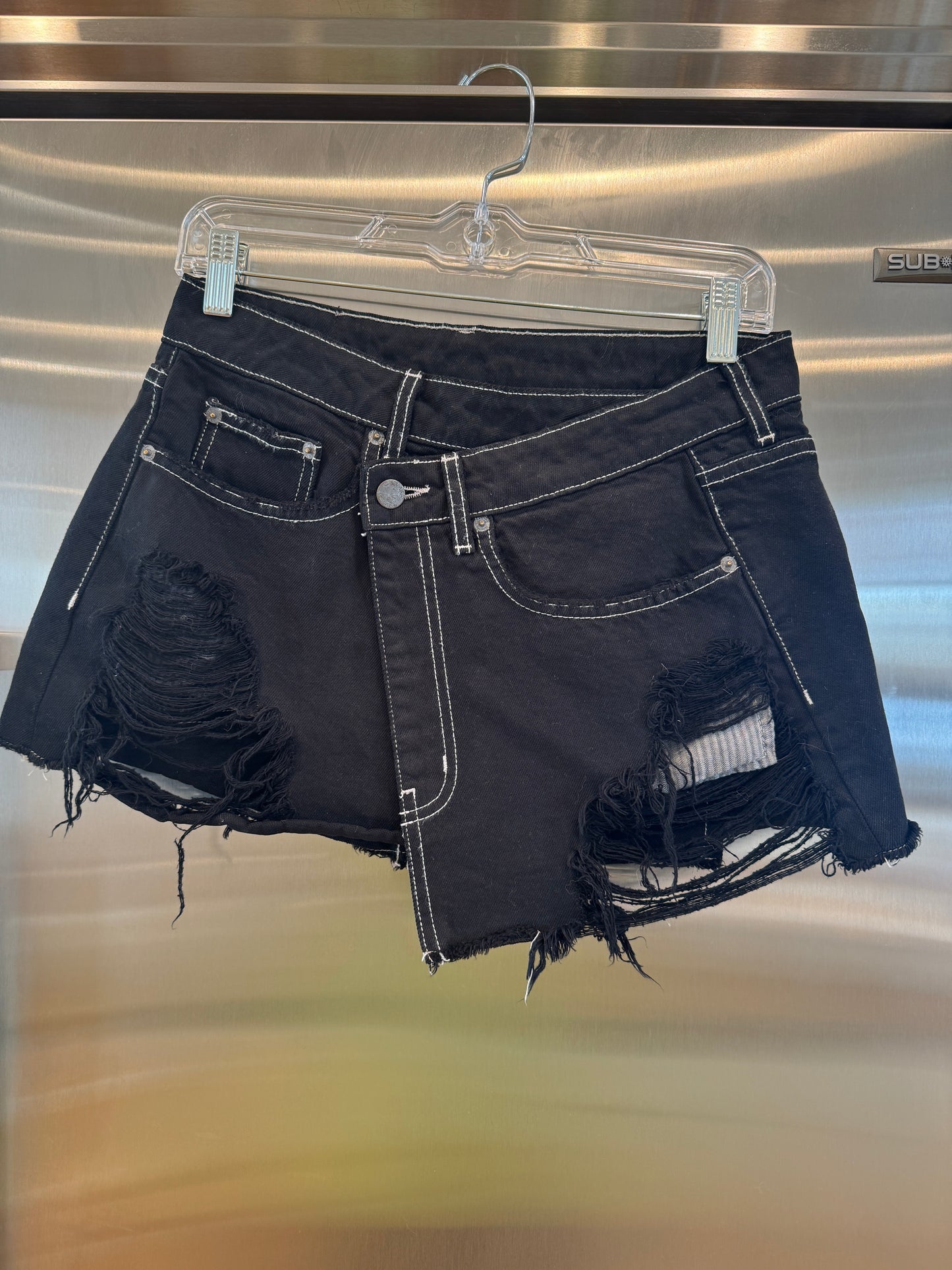 Carmar LF Asymmetrical Black Denim Mini Skirt Distressed Jean Skirt * Pre-Owned *
