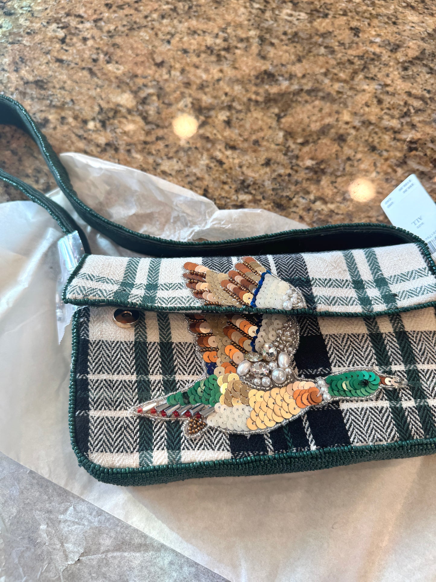Anthropologie Green Plaid Flannel Fiona Beaded Bag Animal Edition Duck Purse