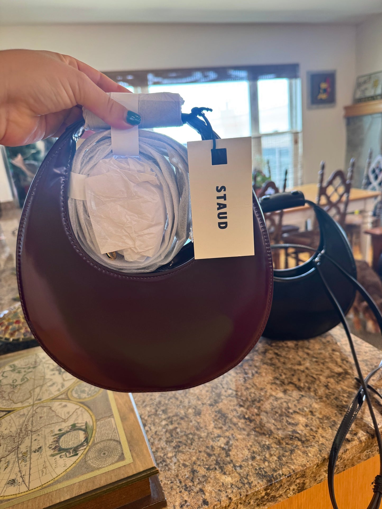 Staud Mini Moon Purse in Syrah Burgundy Leather, Crossbody Bag