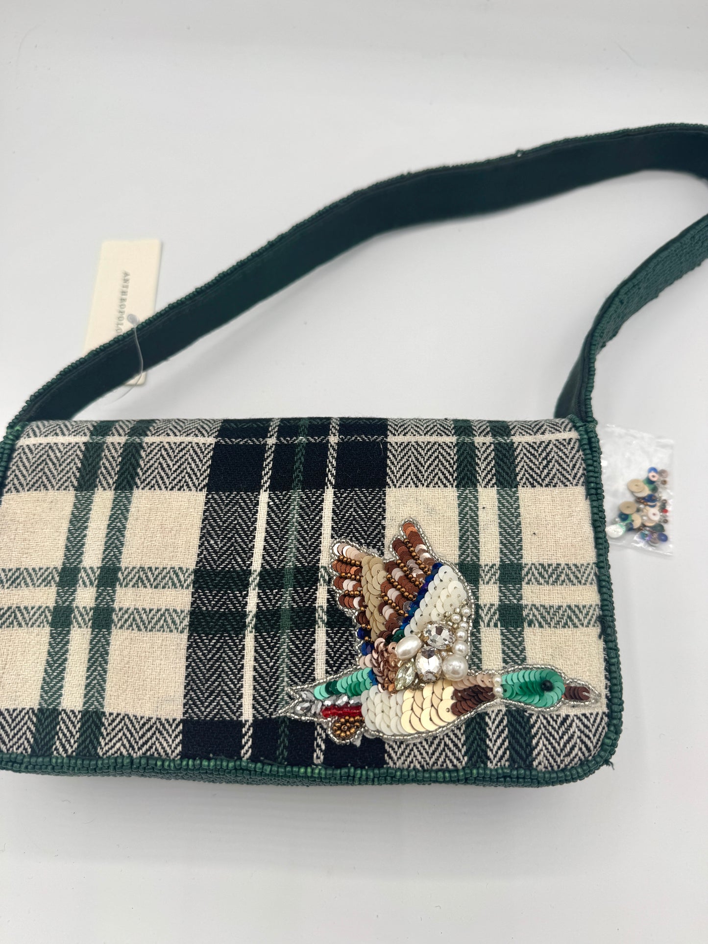 Anthropologie Green Plaid Flannel Fiona Beaded Bag Animal Edition Duck Purse