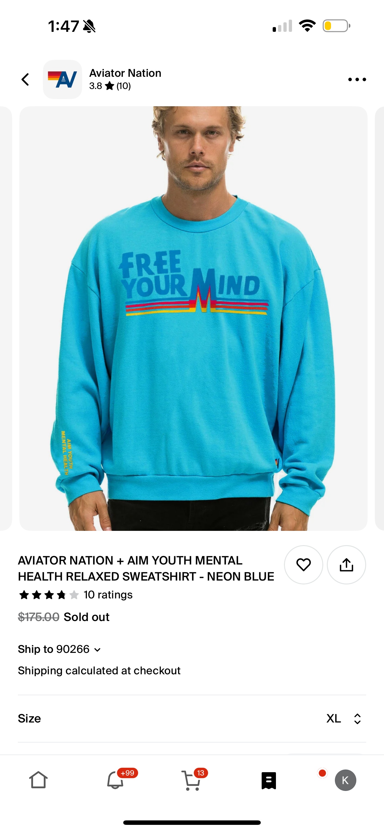 Aviator Nation Free Your Mind Unisex Blue Crewneck Sweatshirt Collab x Aim Youth Mental Health