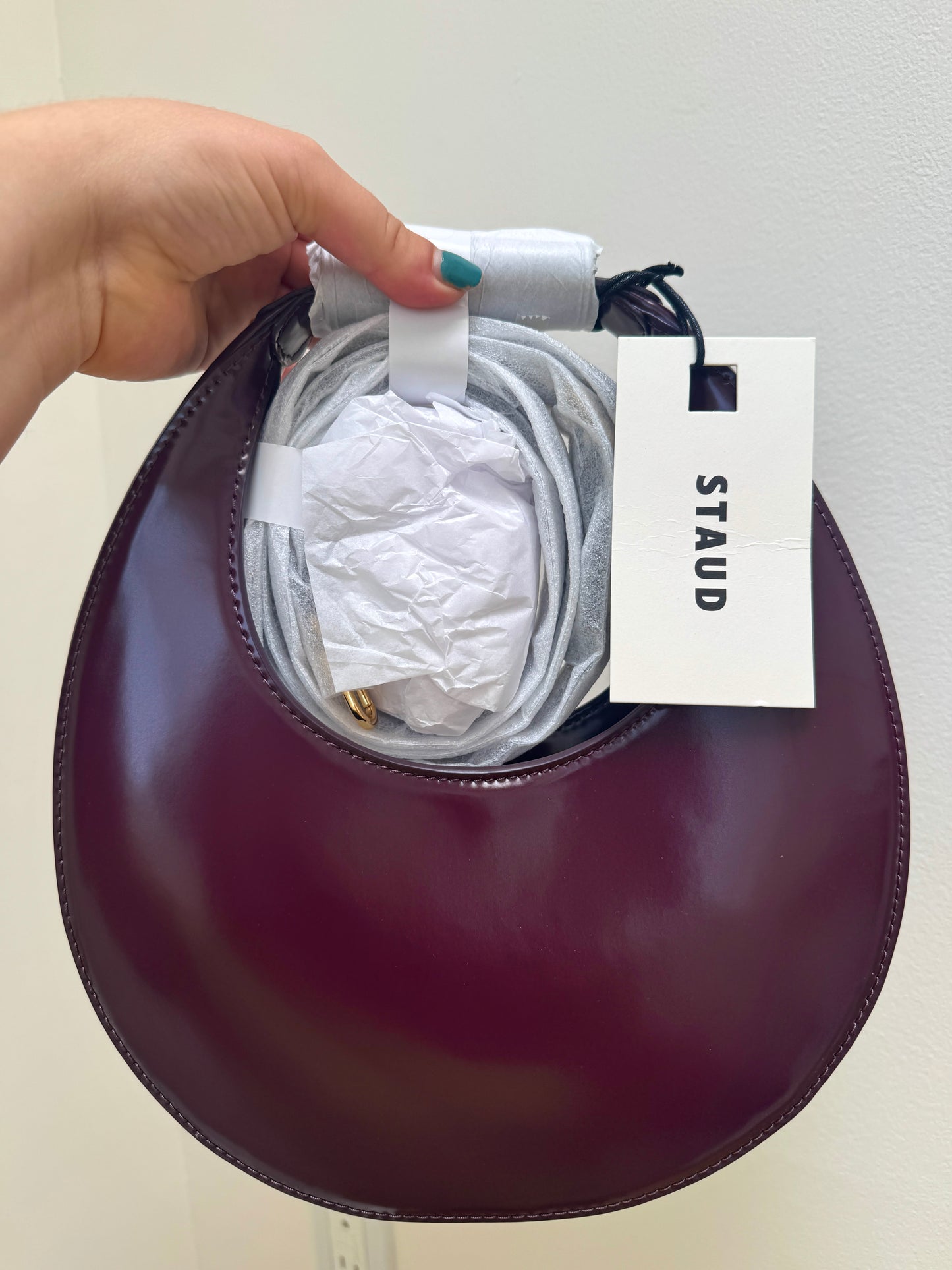 Staud Mini Moon Purse in Syrah Burgundy Leather, Crossbody Bag