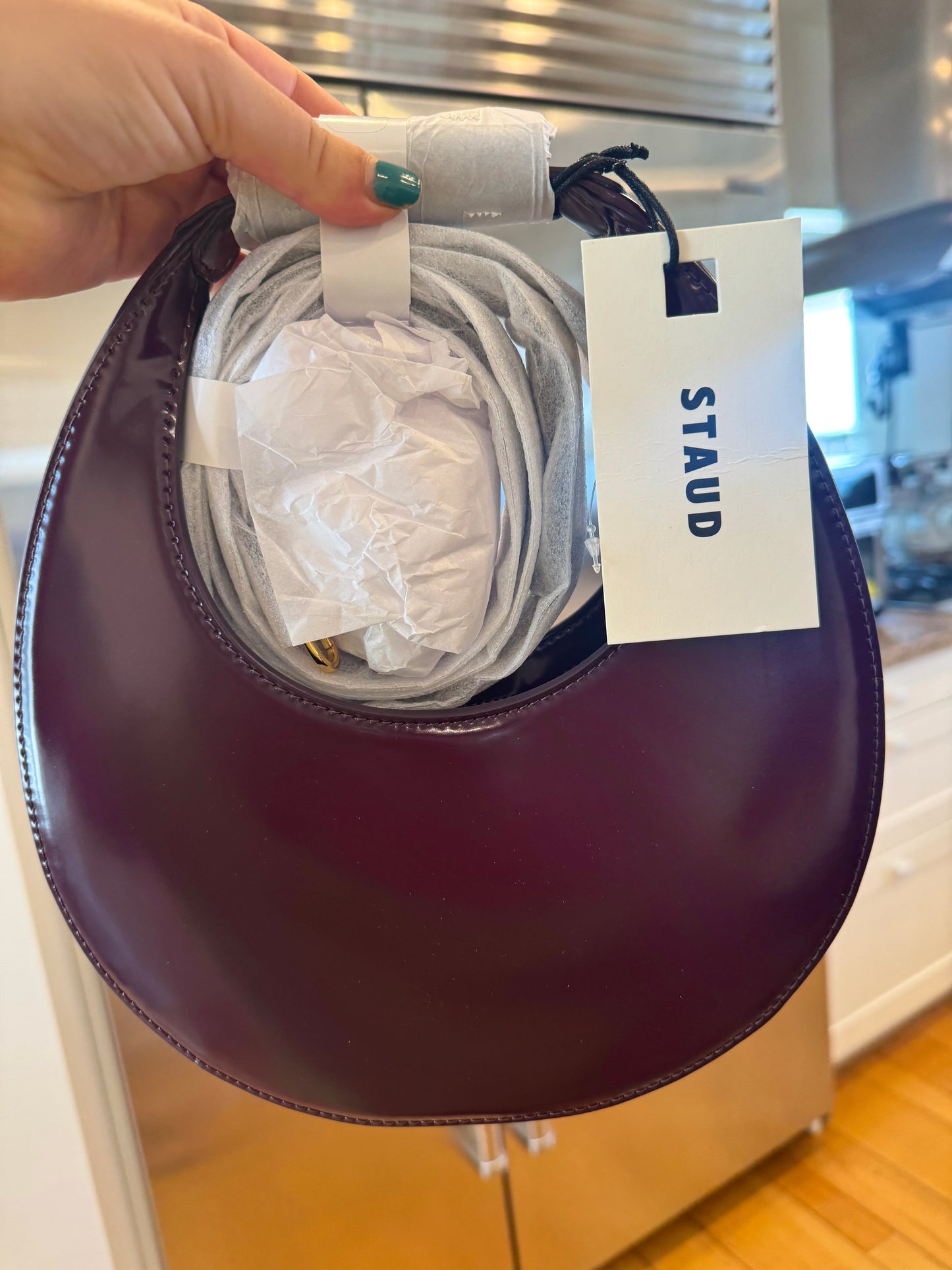 Staud Mini Moon Purse in Syrah Burgundy Leather, Crossbody Bag