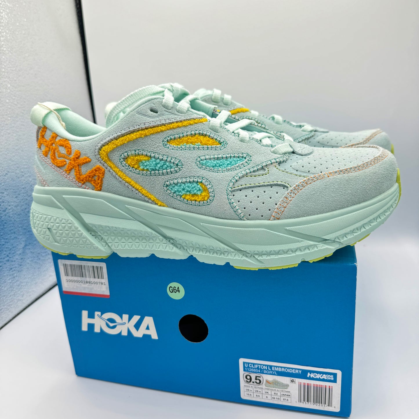 Hoka Clifton L Embroidery UNISEX Shoes Leather blue glass yellow aqua