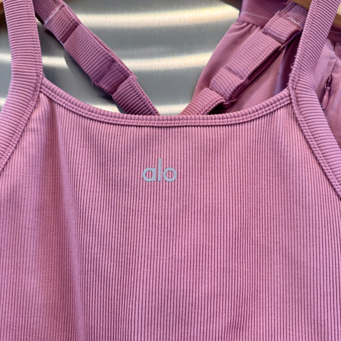 Alo Matching Set- Match Point Shorts and Seamless Ribbed Favorite Full Length Bra Tank Top in Pink Wild Rose