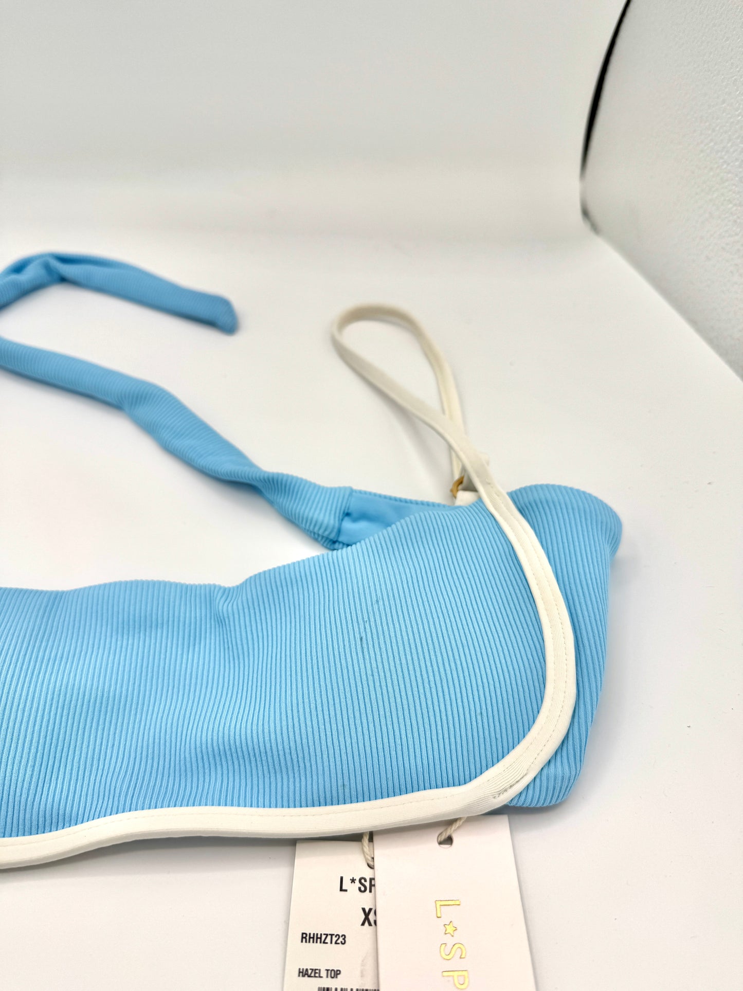 L Space Hazel Swim Top in Seaspray Blue / Cream , Ribbed Bikini