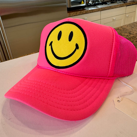 Aviator Nation Pink Trucker Hat Smiley Face embroidered patch smile Neon