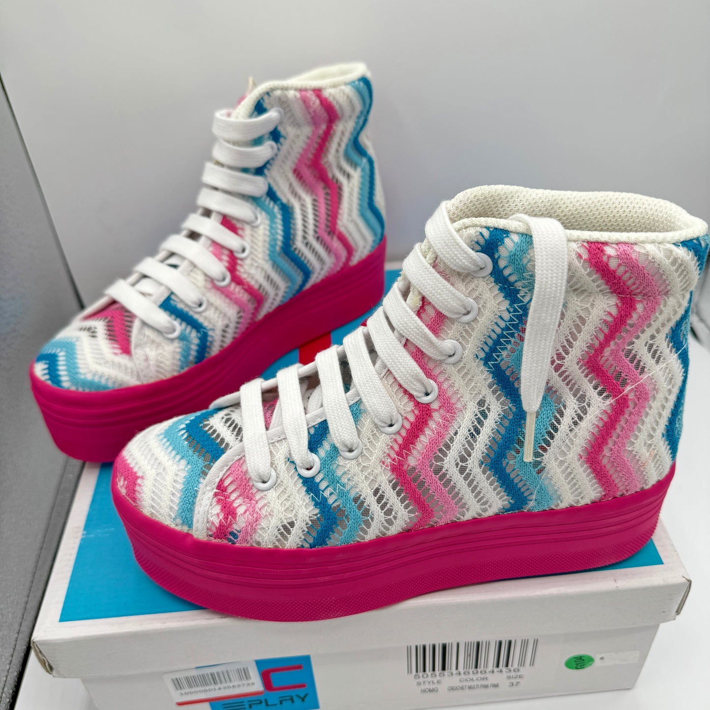 Jeffrey Campbell JC Play Homg Platform High Top Sneakers Crochet Multi pink