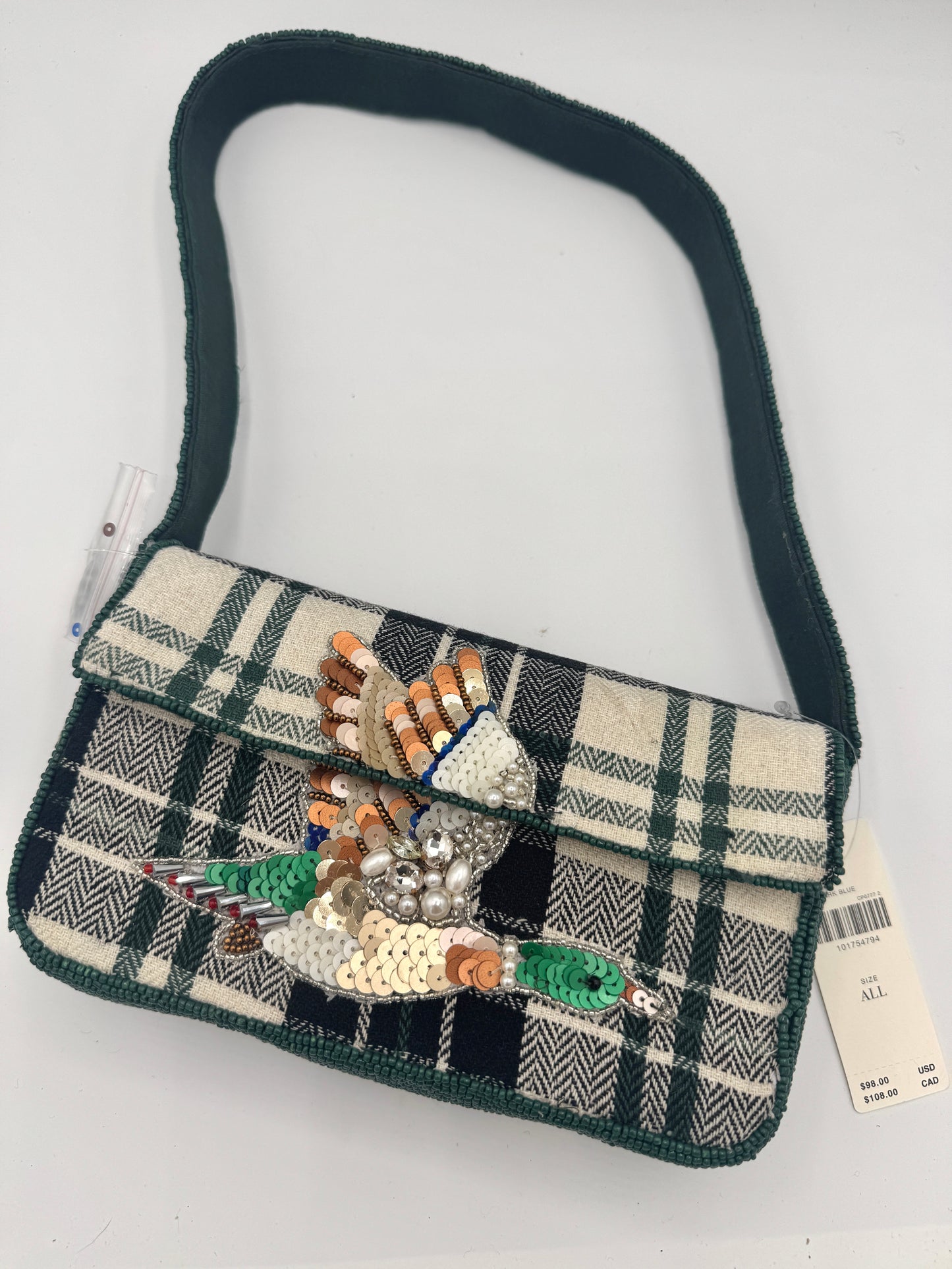 Anthropologie Green Plaid Flannel Fiona Beaded Bag Animal Edition Duck Purse