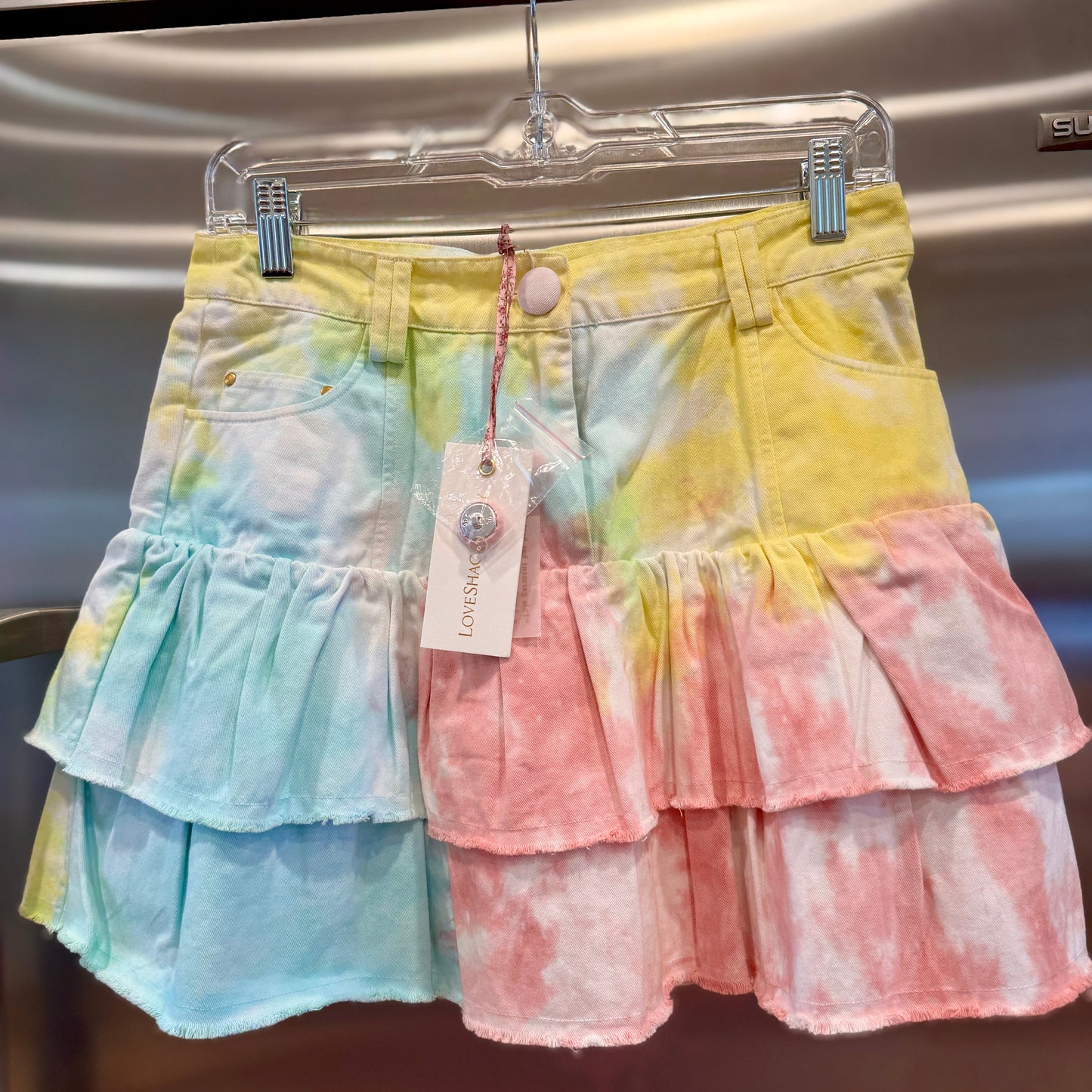 LoveShackFancy Landen Mini Skirt Multicolor Tiedye Tiered Ruffle Radial Dial