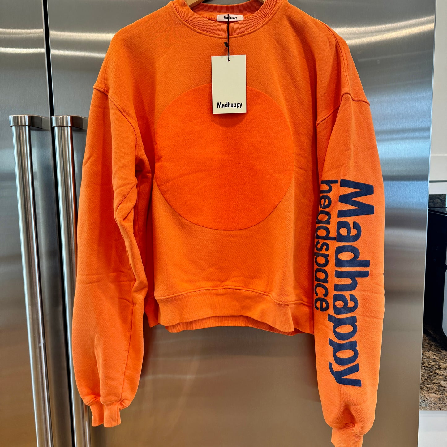 MadHappy Headspace Heritage Universal Crewneck Sweatshirt in Orange with navy raised logo