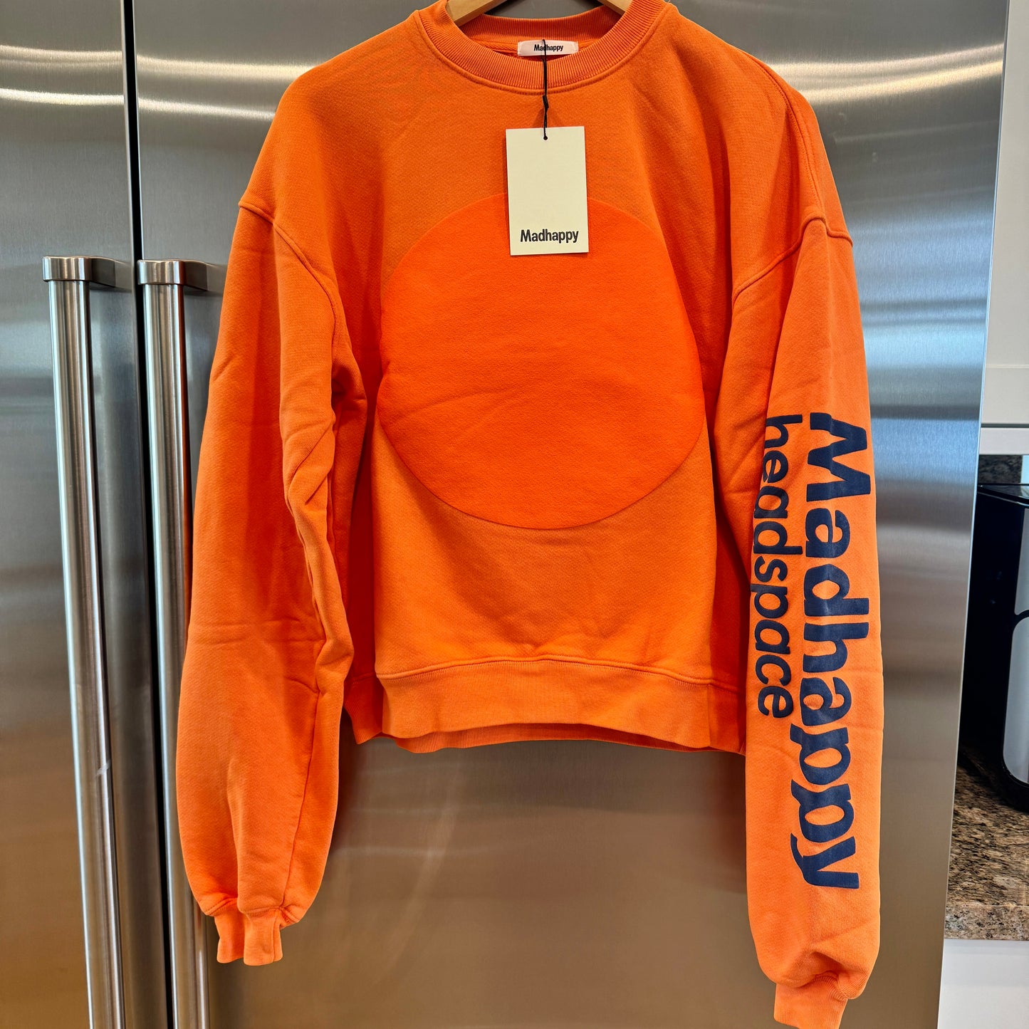 MadHappy Headspace Heritage Universal Crewneck Sweatshirt in Orange with navy raised logo