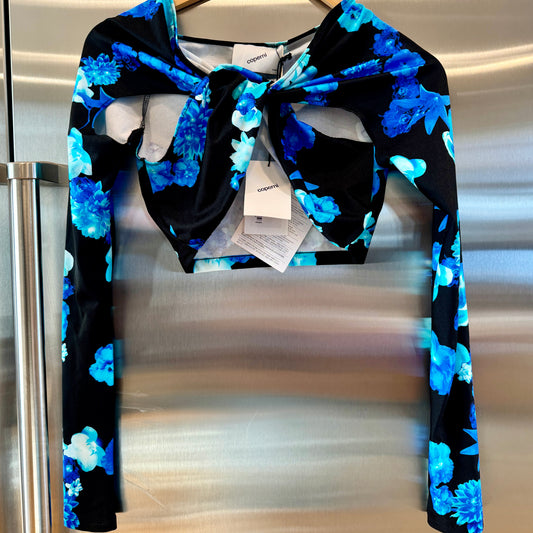 Coperni Twist Cutout Cropped Draped Top Long Sleeve Crop in Black / Blue Flowers