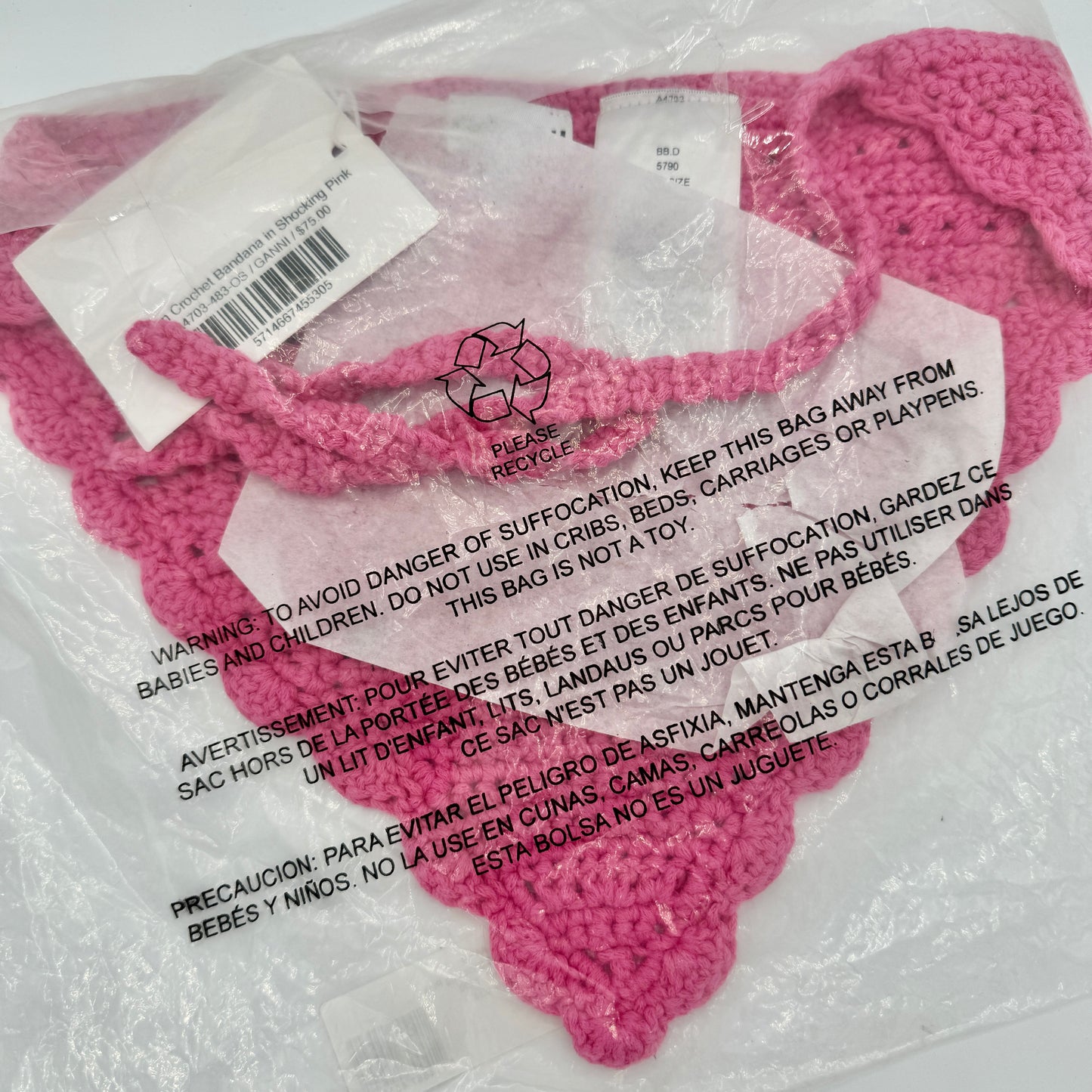 Ganni Pink Crochet Knit Bandana Shocking Pink Logo