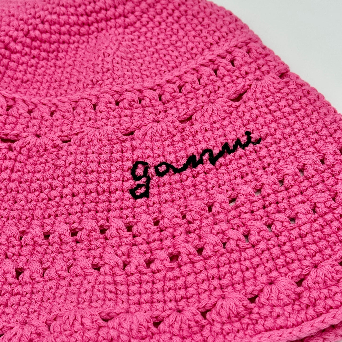 Ganni Crochet Knit Bucket Hat Shocking Pink Logo