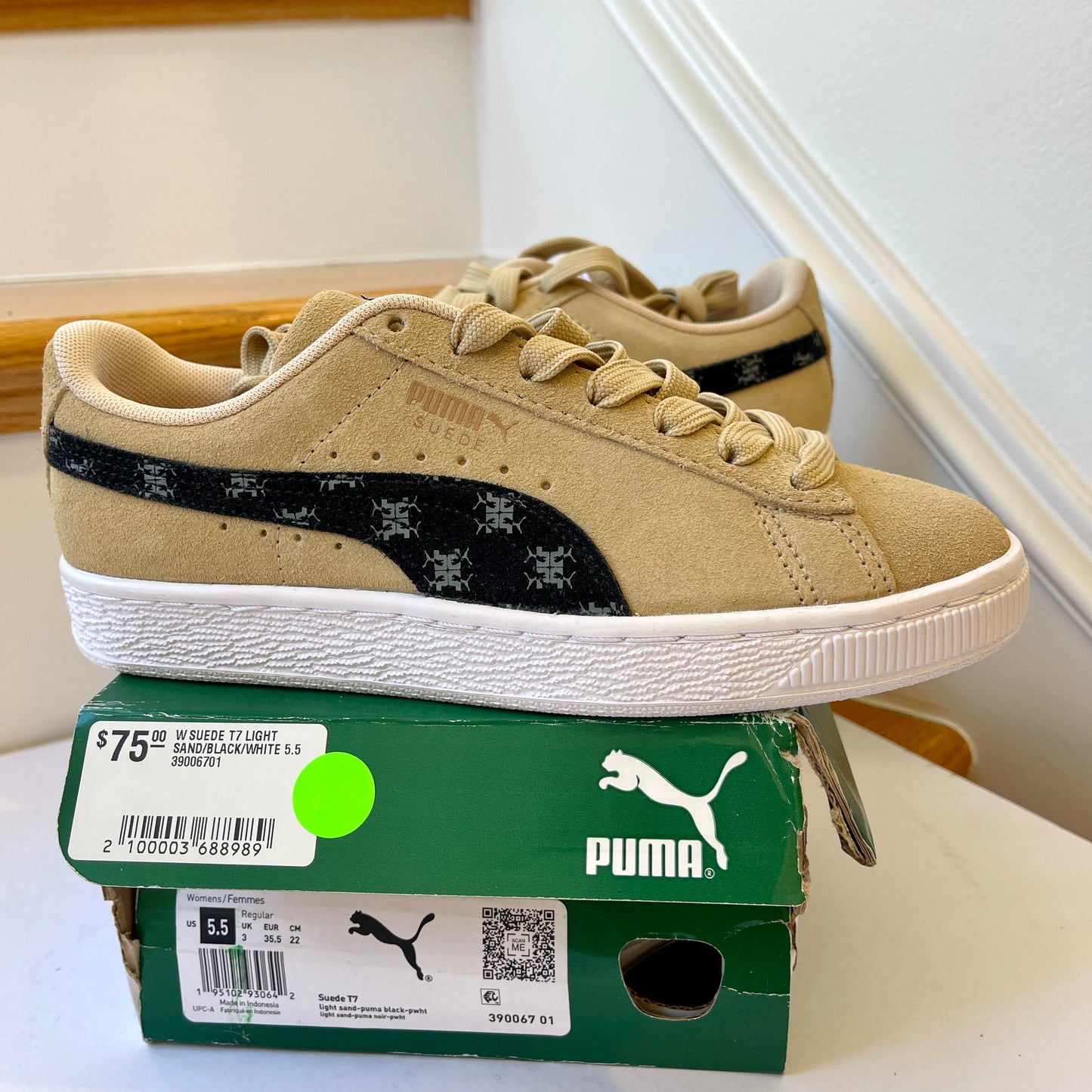 Puma Women’s Suede Classic T7 Sneakers in sand tan beige / black / white