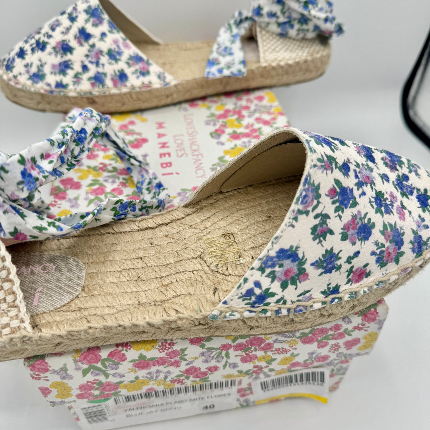 LoveShackFancy x Manebi Valencia Espadrille Blue Jay Song Floral wraparound