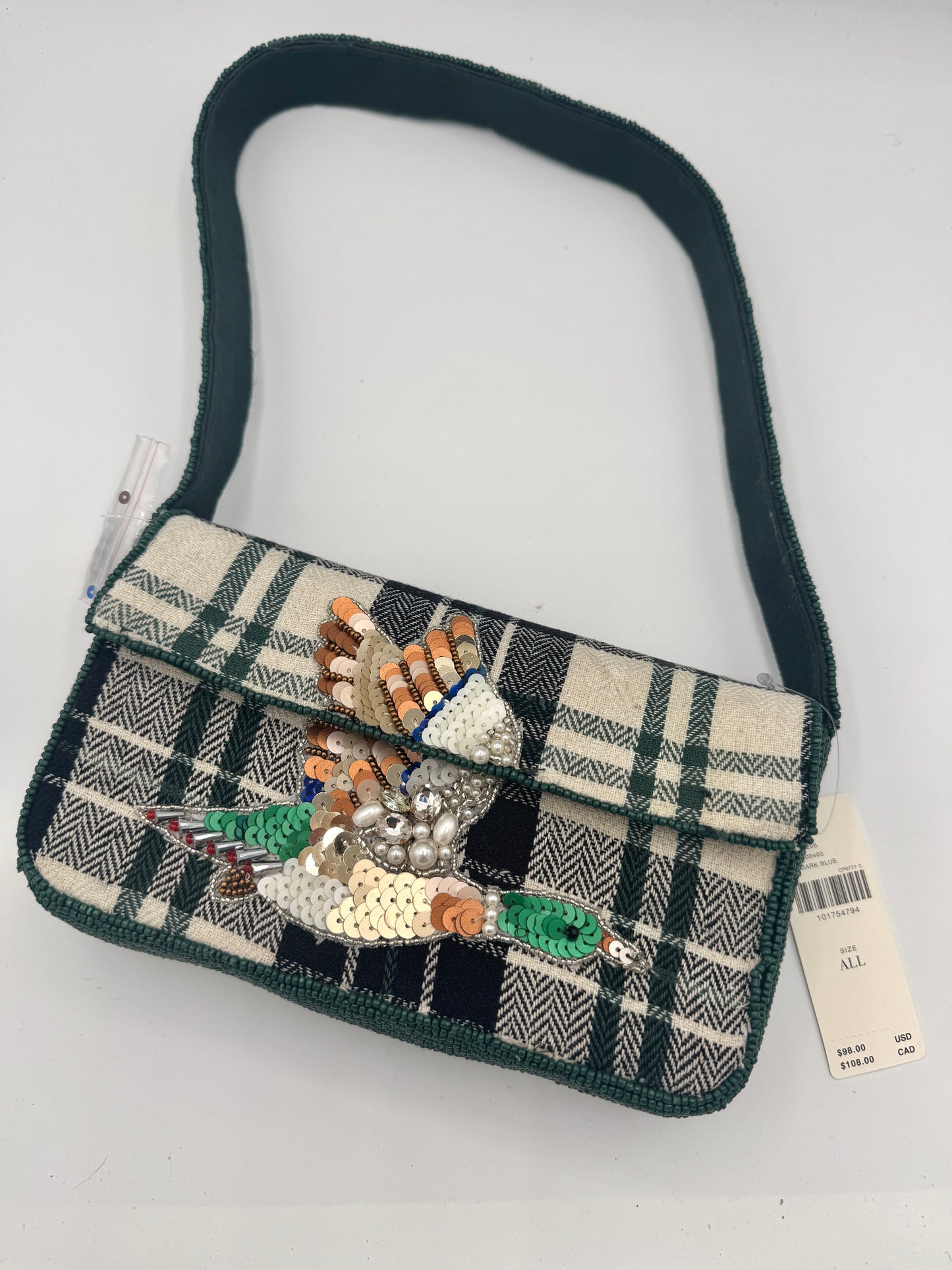 Anthropologie Green Plaid Flannel Fiona Beaded Bag Animal Edition Duck Purse