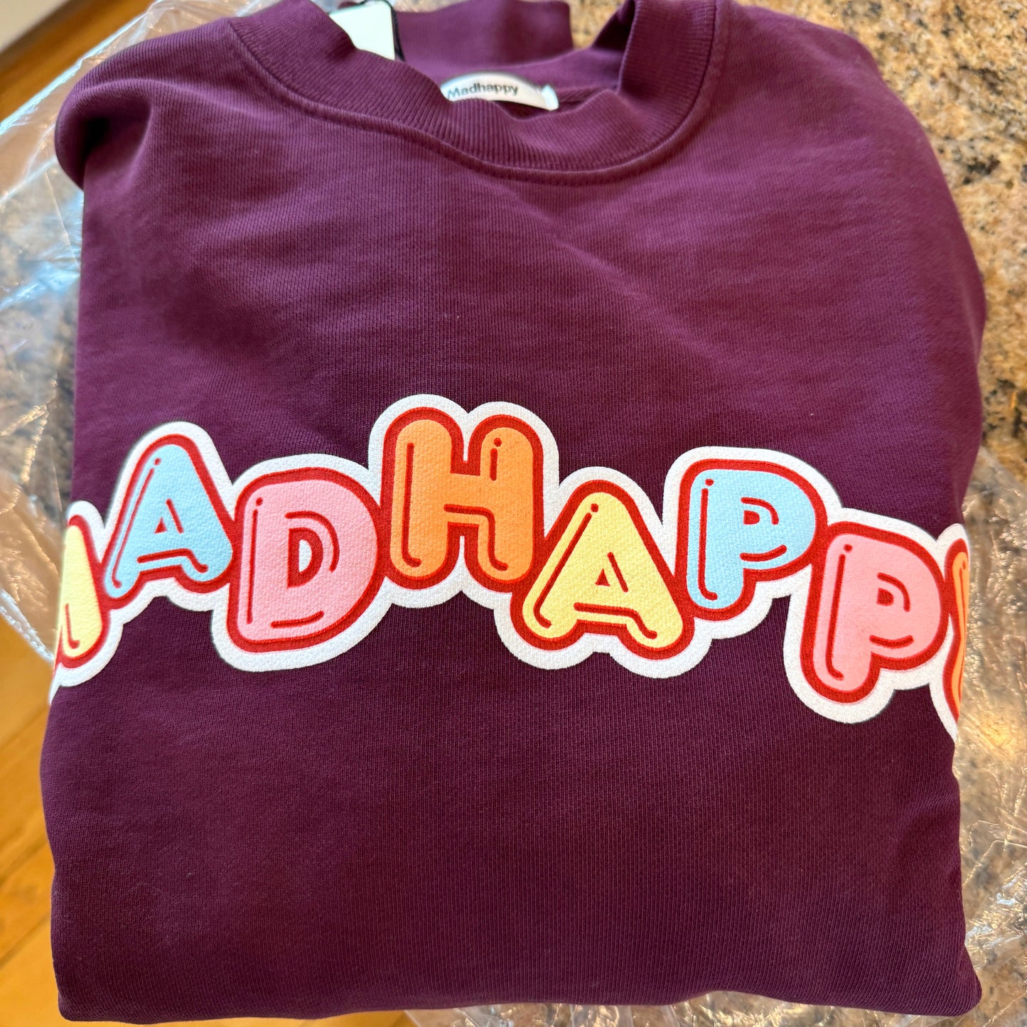 MadHappy Crush Universal Crewneck in Maroon Dark Red Candy Block Letters