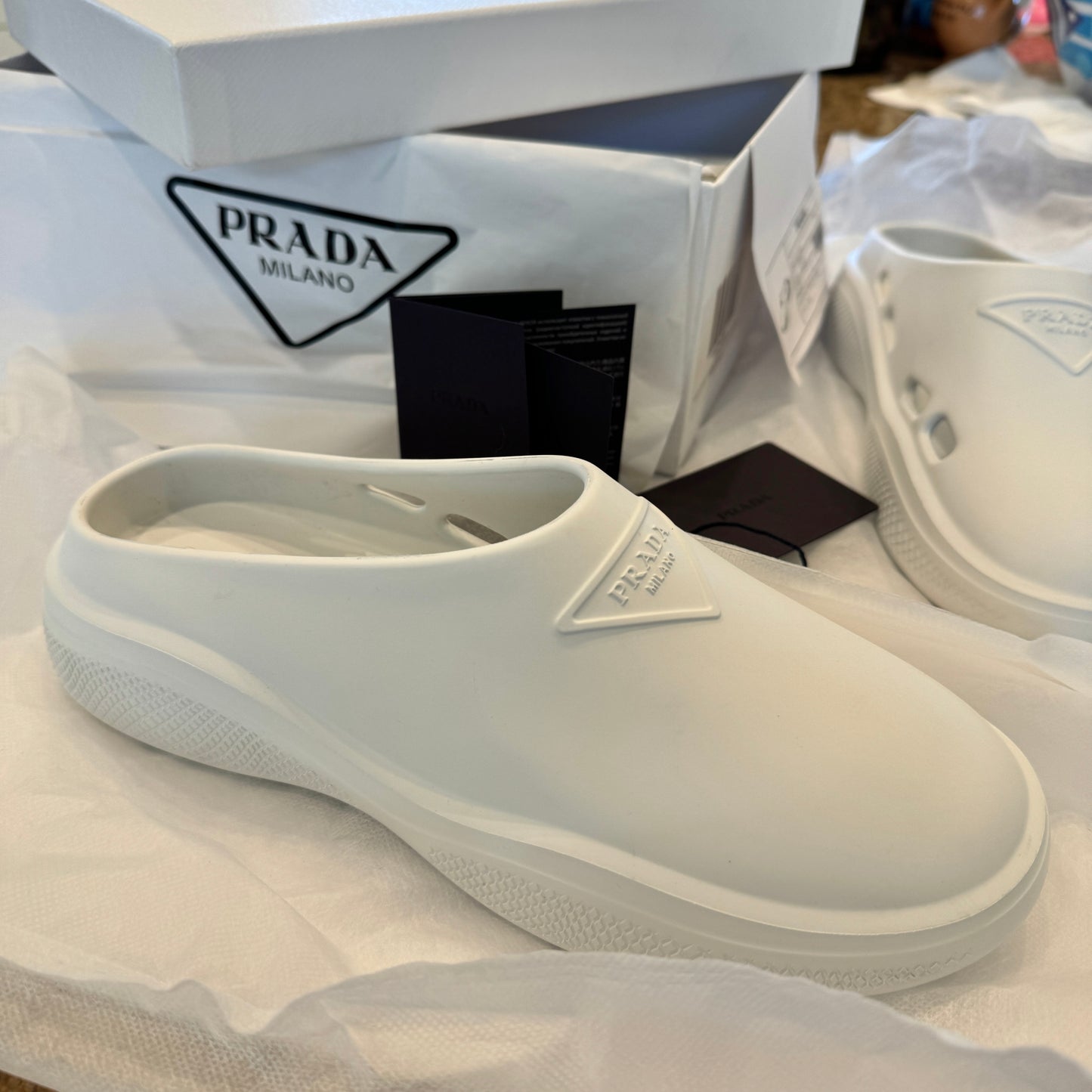 Prada Mellow Cut Out Slides Mules Womens Logo in White