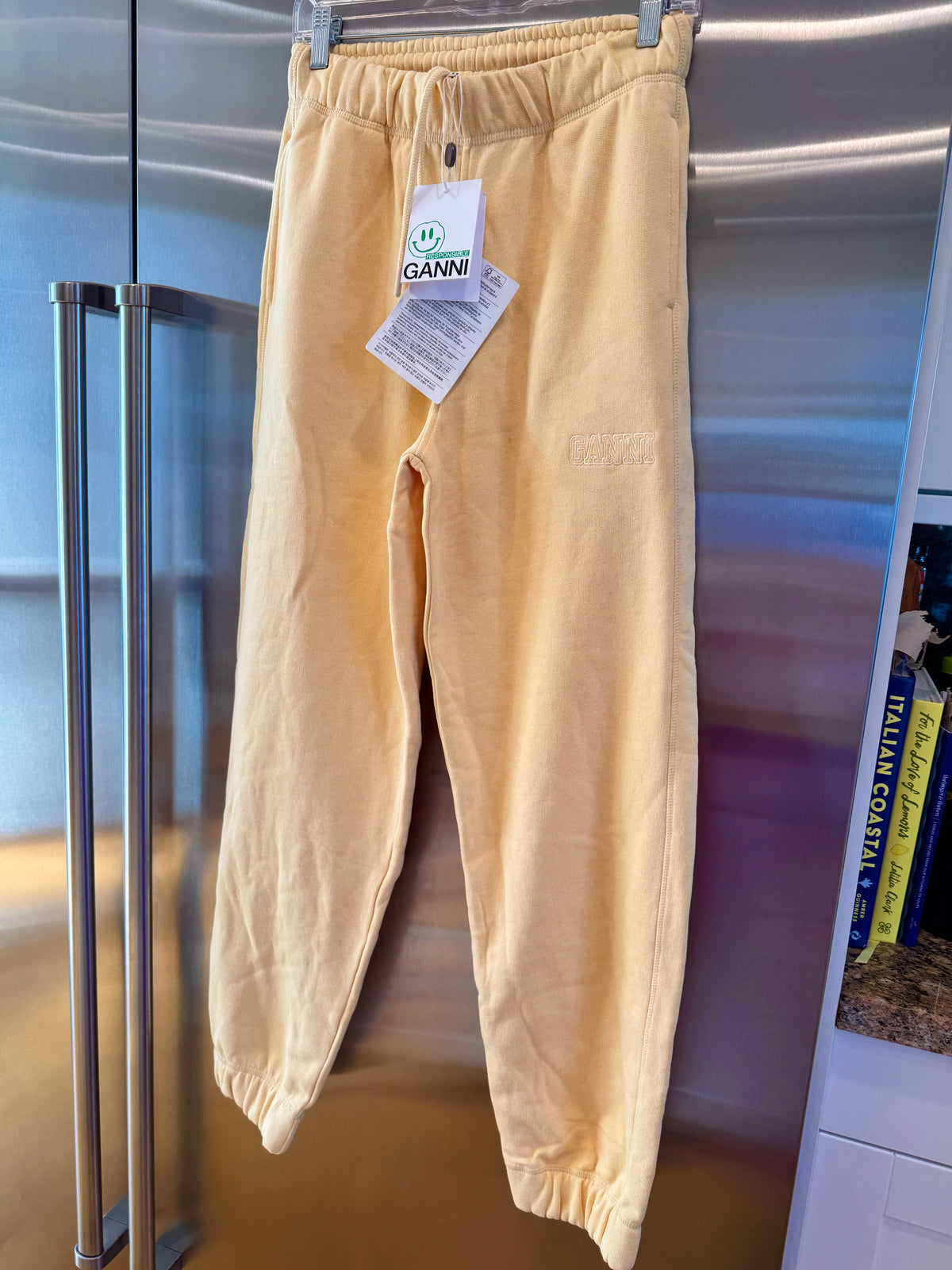 Ganni Isoli Sweatpants in Yellow French Terry Cotton with embroidered logo