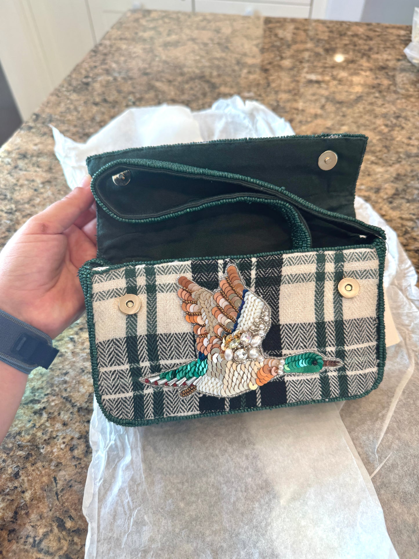 Anthropologie Green Plaid Flannel Fiona Beaded Bag Animal Edition Duck Purse