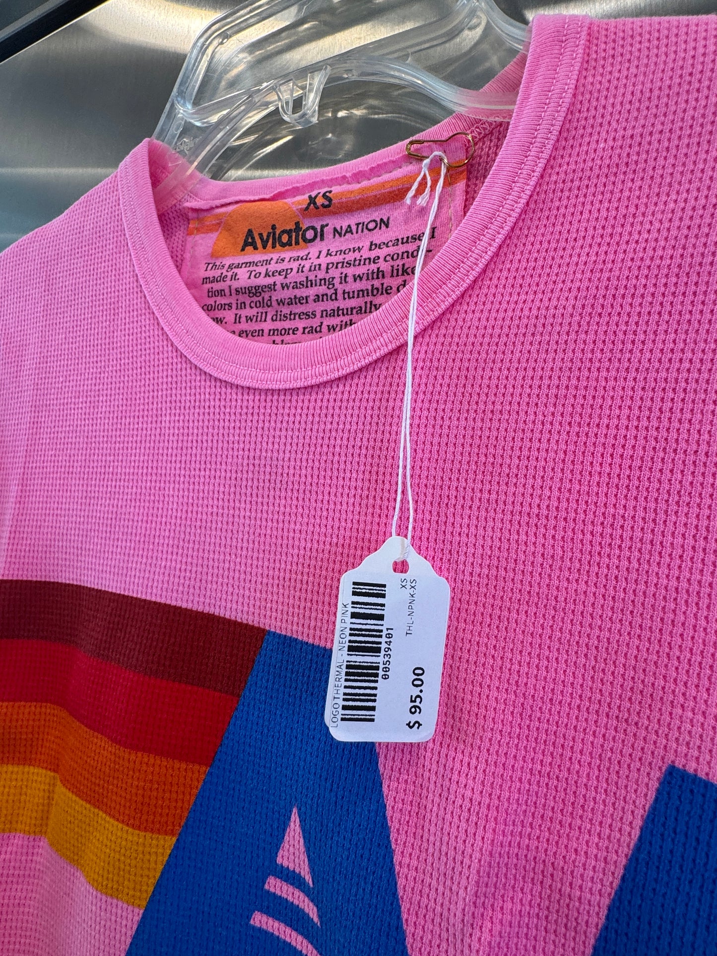 Aviator Nation Thermal Shirt with Classic AV Logo Neon Pink Unisex