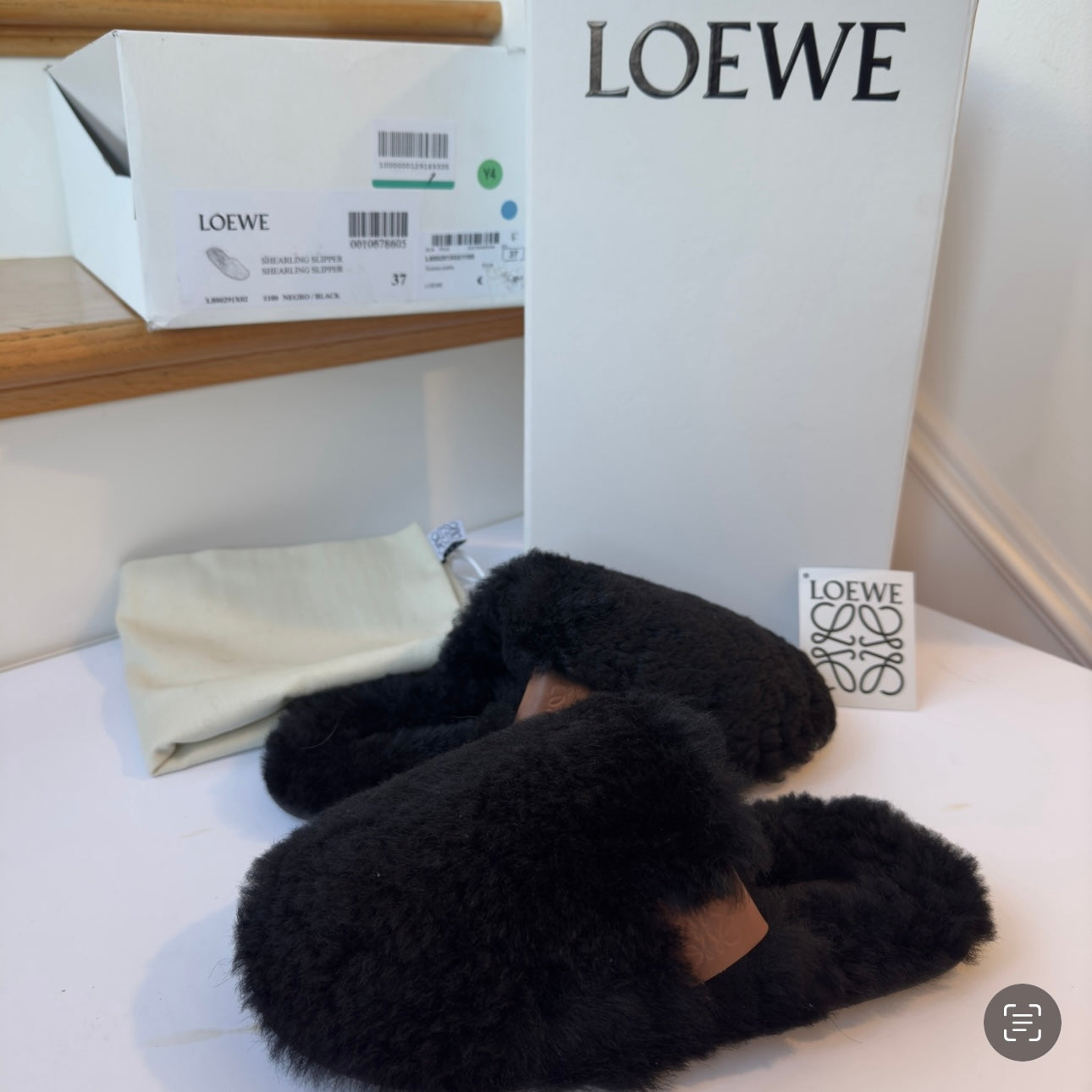 Loewe Slippers with leather anagram and black Shearling Fur , brand NEW