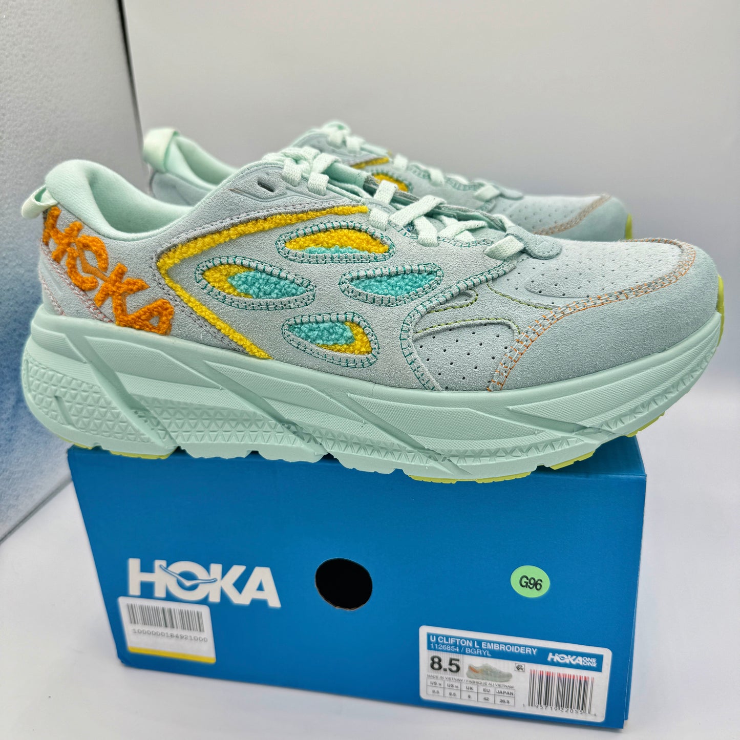 Hoka Clifton L Embroidery UNISEX Shoes Leather blue glass yellow aqua