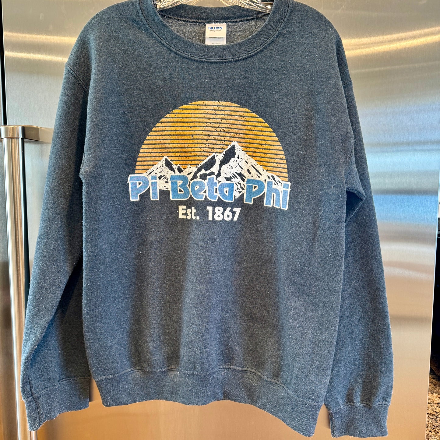 Pi Beta Phi 1867 Mountain Outdoors Sunrise Sorority Crewneck Sweatshirt Top Grey * Pre-owned