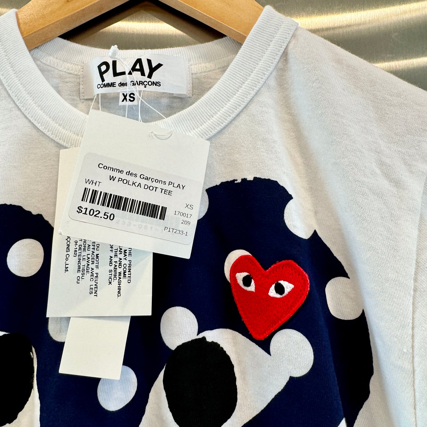 Commes Des Garçons Play White Polka Dot Classic Heart T Shirt Navy tee CDG