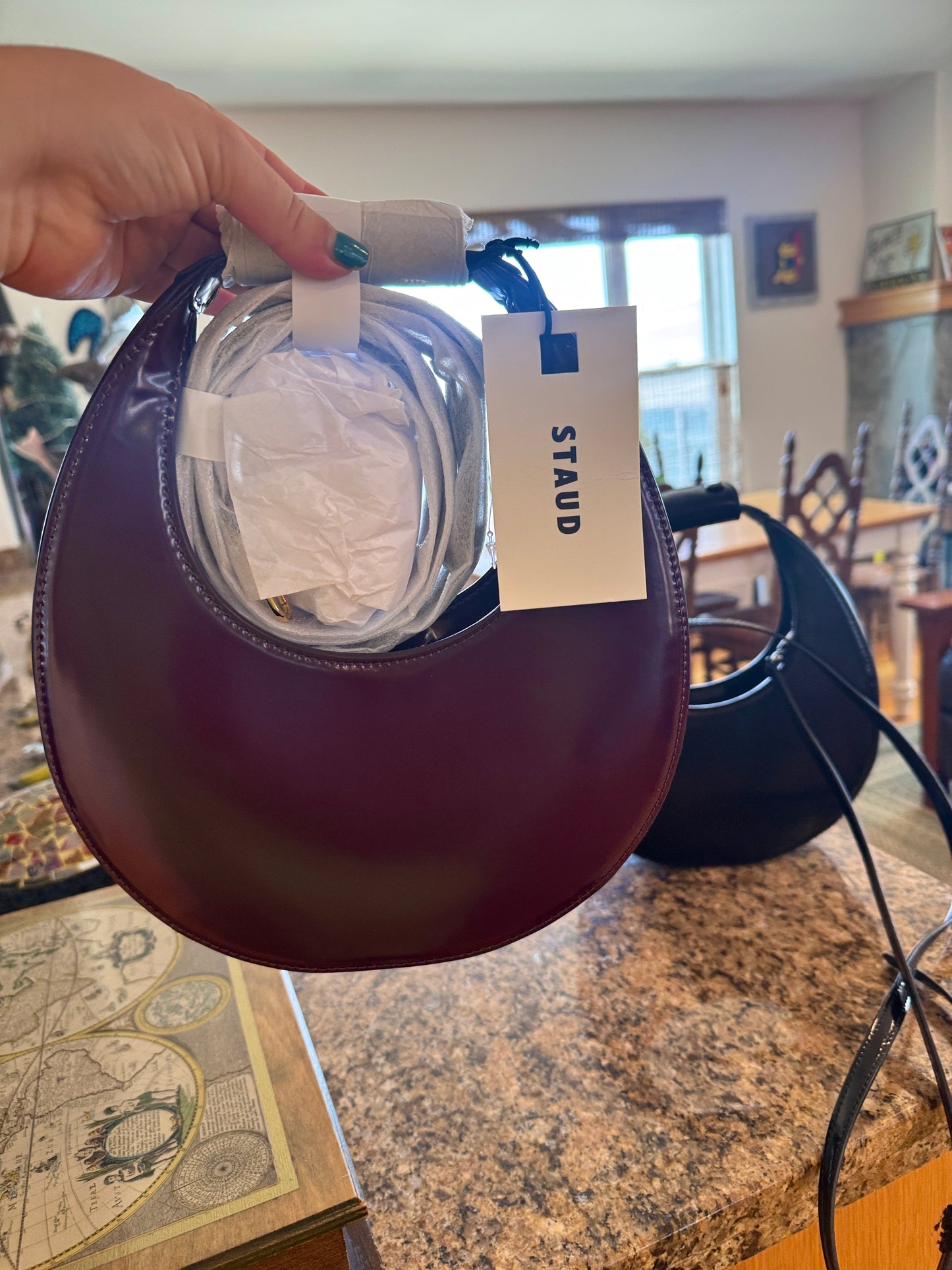 Staud Mini Moon Purse in Syrah Burgundy Leather, Crossbody Bag