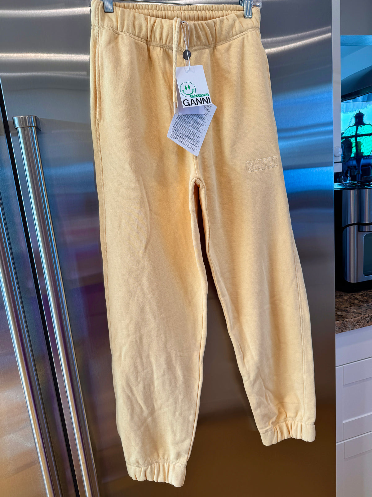 Ganni Isoli Sweatpants in Yellow French Terry Cotton with embroidered logo