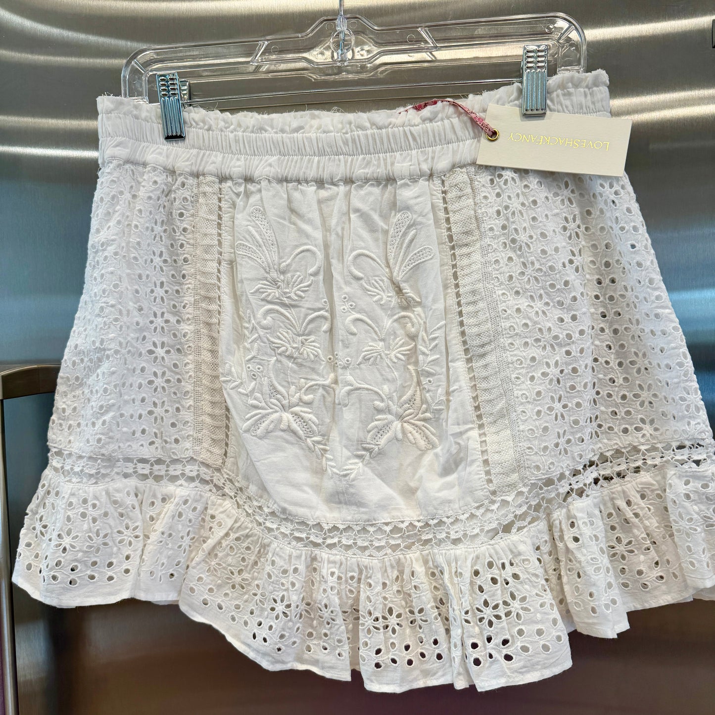 LoveShackFancy Baydar antique White lace eyelet mini skirt brand new