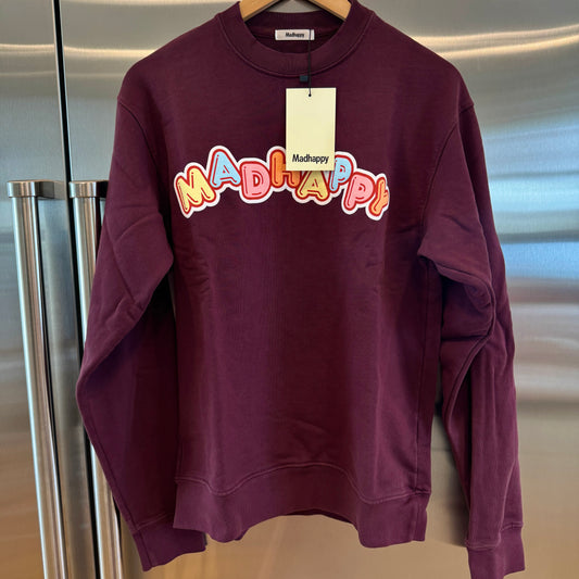 MadHappy Crush Universal Crewneck in Maroon Dark Red Candy Block Letters