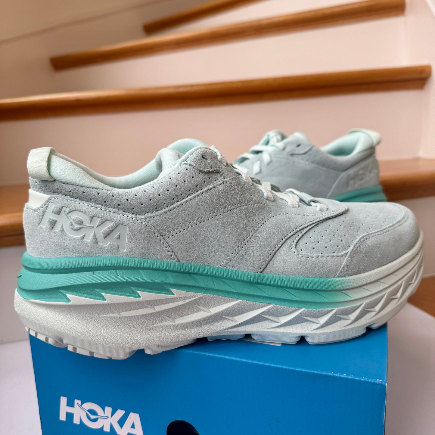 Hoka Bondi L SUEDE Leather U Unisex , Blue Glass / Atlantis Cushioned Shoes