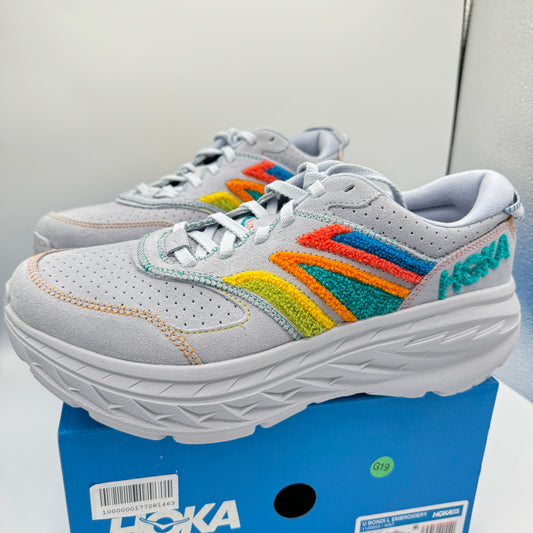 Hoka Bondi Leather Embroidery Sneakers Unisex Arctic Ice Grey Shoes