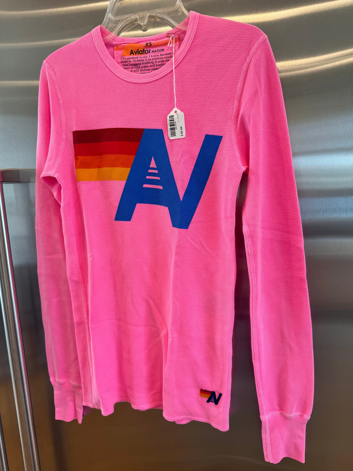 Aviator Nation Thermal Shirt with Classic AV Logo Neon Pink Unisex