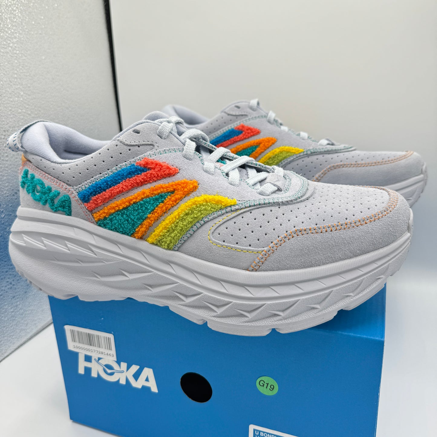 Hoka Bondi Leather Embroidery Sneakers Unisex Arctic Ice Grey Shoes