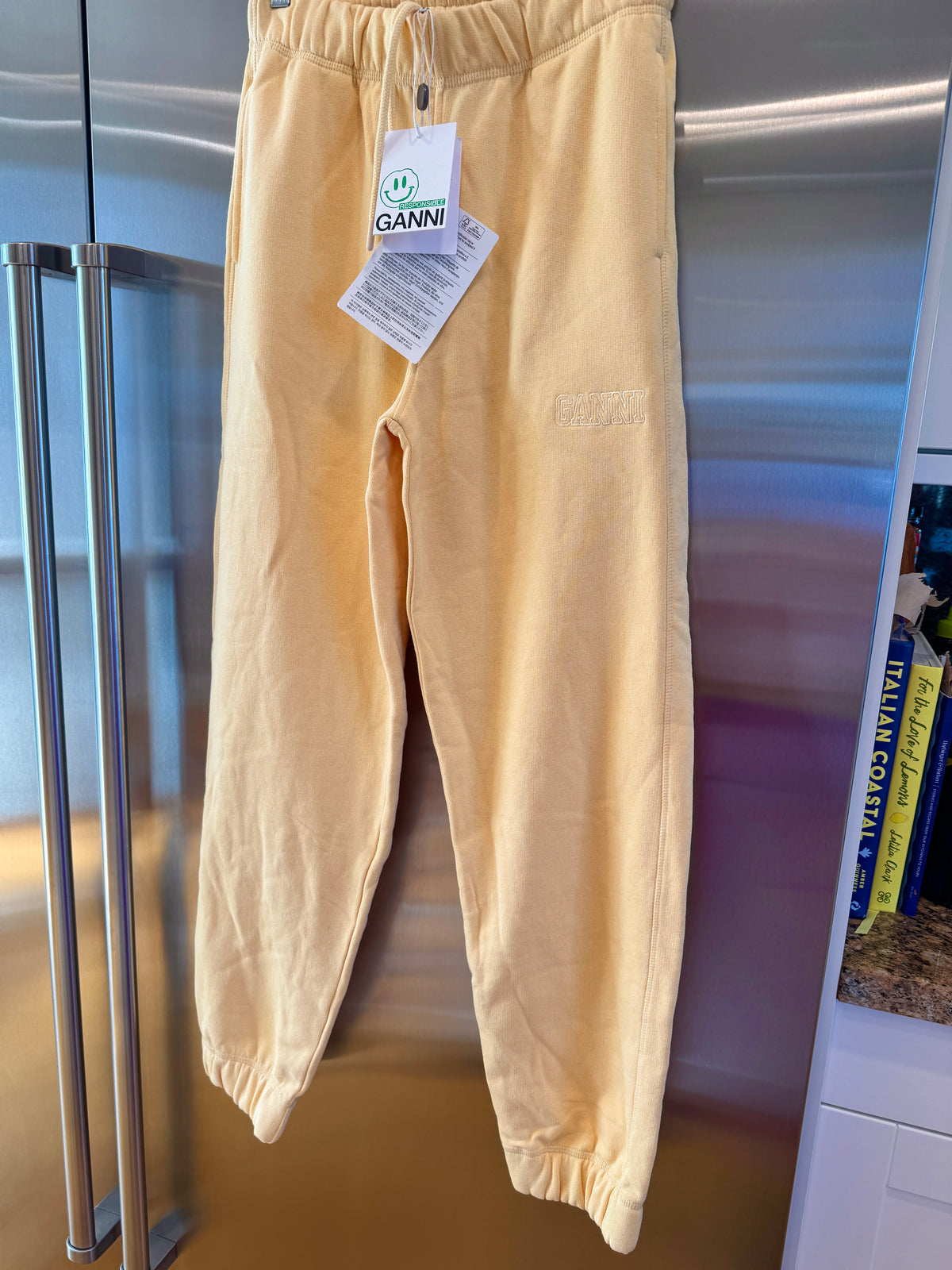 Ganni Isoli Sweatpants in Yellow French Terry Cotton with embroidered logo
