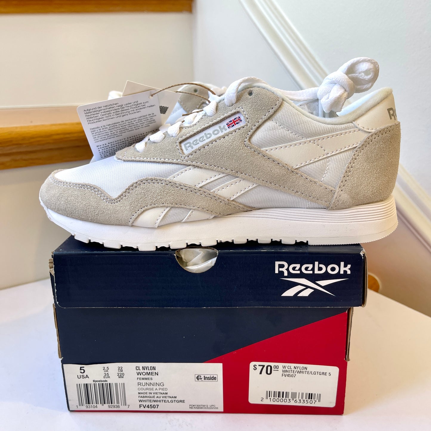 Reebok CL Nylon White Womens Sneakers classic grey shoes