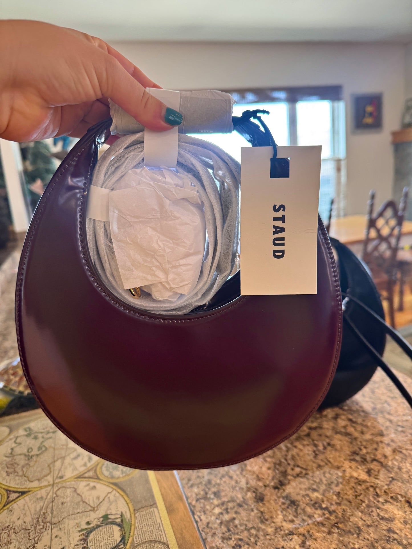 Staud Mini Moon Purse in Syrah Burgundy Leather, Crossbody Bag
